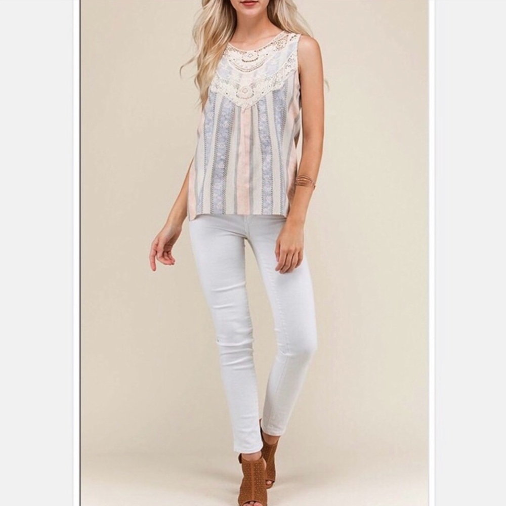 Pastel pink, blue & cream sleeveless top w/ floral embroidery & crochet detail